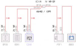 Schemat elektryczny z elementami BF00, BSR1, C310, PSF1 i akumulatorem BB00