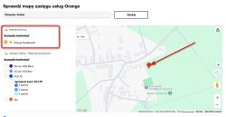Zrzut mapy zasięgu Orange z pinezką na mapie i zaznaczoną opcją Orange Światłowód