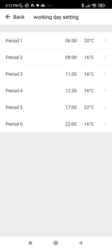 App screen “working day setting” showing six periods with times and temperatures