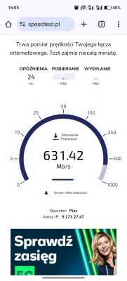 Zrzut ekranu z aplikacji Speedtest.pl pokazujący prędkość pobierania 631,42 Mb/s z sieci 5G.