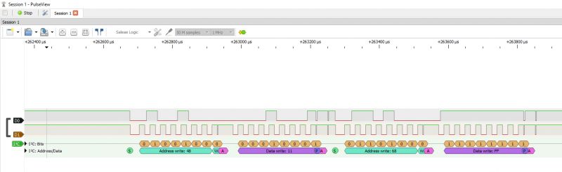 I2C Signal Analysis in PulseView Screenshot from PulseView logic analyzer showing I2C signal waveforms.