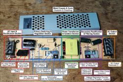 Opened LED power supply with labeled functional sections and electronic components