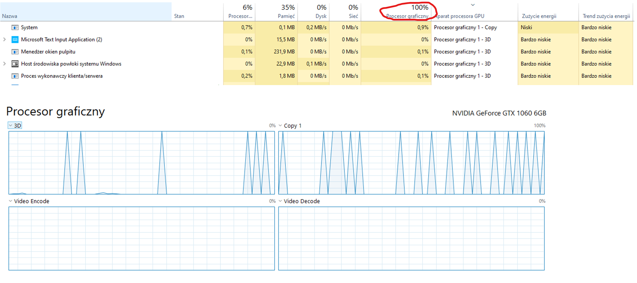 Skoki Windows Skoki obciążenia GPU do 100% na pulpicie Windows 10, GTX 1060 MSI 6GB