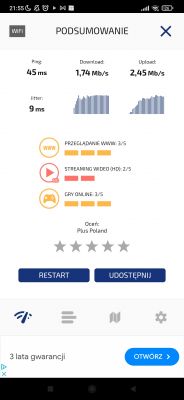 Zrzut ekranu aplikacji z wynikami testu prędkości internetu.