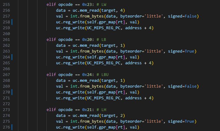 Python code fragment emulating MIPS load instructions in an emulator