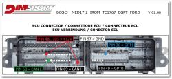 ECU connector with pin assignments for BOSCH_MED17.2 (Ford), highlighting power, ground, CAN, and GPT pins.