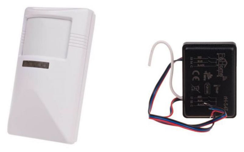Motion Sensor with Electronic Module Motion sensor and electronic module with wires on a white background.
