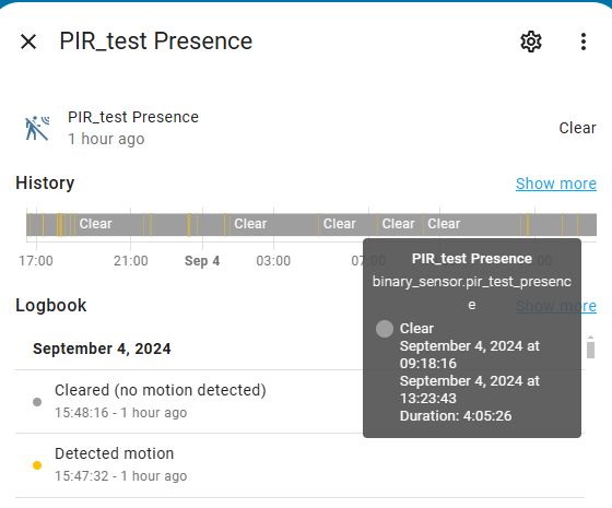 PIR Sensor Motion History in Home Assistant Home Assistant user interface displaying motion detection history from a PIR sensor.