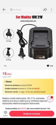Ładowarka do akumulatorów Makita 18V/21V z wtyczkami europejską i amerykańską.