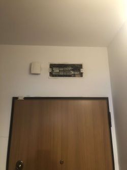 Widok na ścianę z drzwiami i rozdzielnicą elektryczną nad nimi.