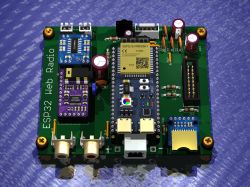Render of ESP32 Web Radio PCB with through-hole and modular components.
