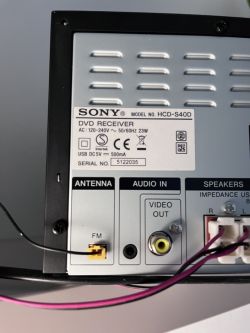 Back of a Sony device with connections, including an FM antenna socket.
