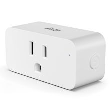 White, low-profile KMC 120V 15A smart electrical plug with a visible side button.