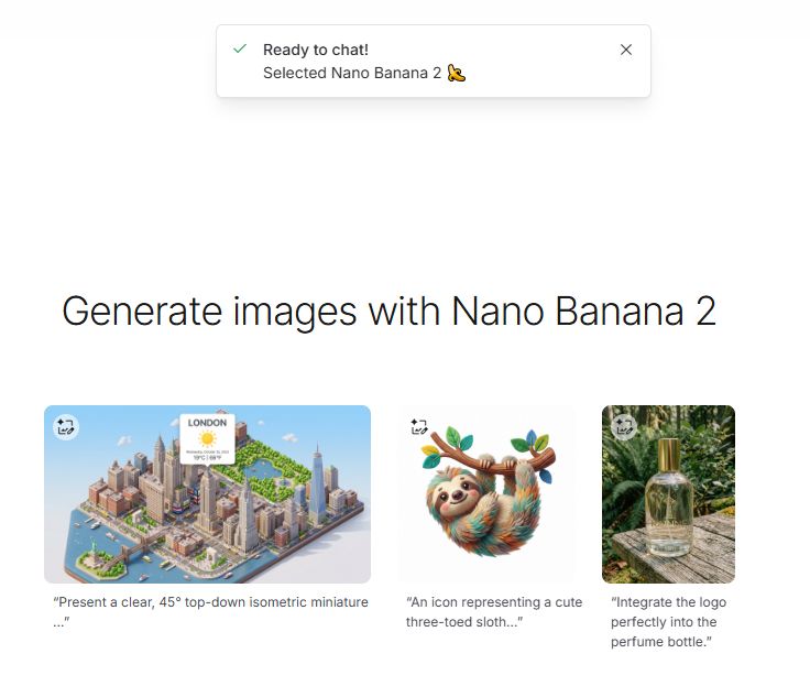 Screenshot of a “Generate images with Nano Banana 2” page showing three example thumbnails.