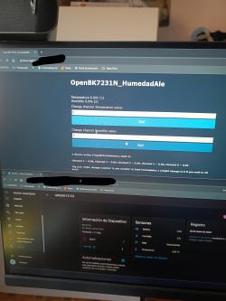 Computer screen displaying OpenBK7231N and Home Assistant software, showing temperature and humidity settings.