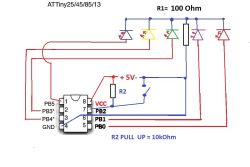 Schemat podłączenia ATTiny85 z pięcioma diodami LED i przyciskiem