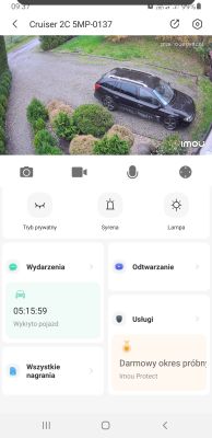 Zrzut ekranu z aplikacji Imou, pokazujący podgląd z kamery i opcje sterowania