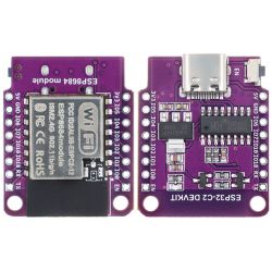 Two ESP32-C2 development modules with purple PCBs and USB-C connector.