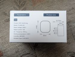 WiFi Smart Plug Specifications WiFi smart plug packaging with technical specifications.