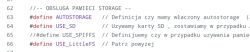 Code screenshot with #define AUTOSTORAGE, USE_SD and USE_LittleFS directives and Polish comments