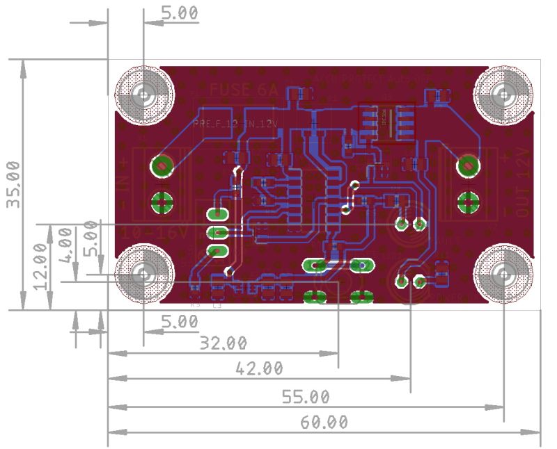 Projekt płytki PCB o wymiarach 35 x 60 mm z zaznaczonymi ścieżkami, padami i otworami montażowymi.