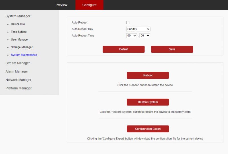 Zrzut ekranu z menedżera konfiguracji kamery IP w sekcji System Maintenance
