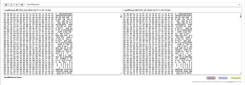 Comparison of two binary files in ExamDiff Pro showing no differences.