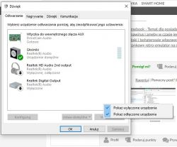 Okno ustawień dźwięku w systemie Windows z listą urządzeń odtwarzania.