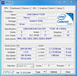 Zrzut ekranu z programu CPU-Z, pokazujący szczegóły procesora Intel Celeron T3100.