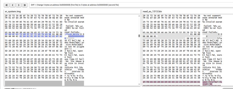 Screenshot of a hex comparison tool displaying differences between two binary files.