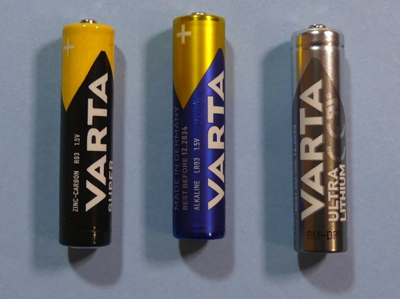 Trzy rodzaje baterii Varta: cynkowo-węglowa, alkaliczna, litowa.
