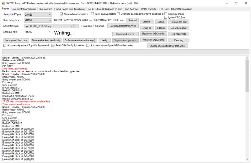 Screenshot of BK7231 Easy UART Flasher showing “Writing...” and a console log of flashing actions.