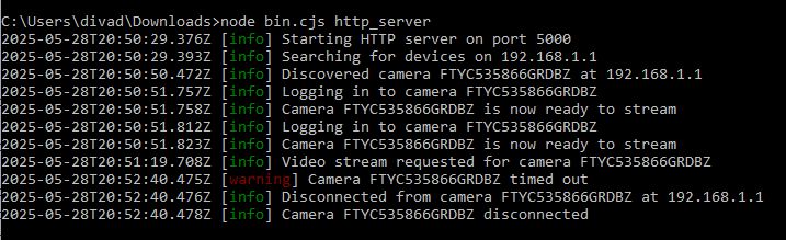 HTTP Server Logs with Network Camera Handling Console with HTTP server logs from Node.js, showing connection attempts with a network camera.