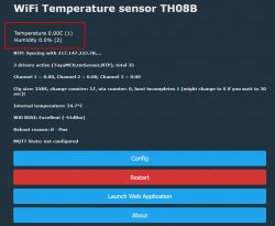 WiFi Temperature Sensor TH08B interface with temperature and humidity values at 0.0°C and 0.0%.