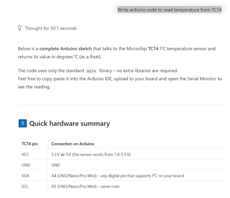 Table showing TC74 sensor pins and corresponding Arduino connections