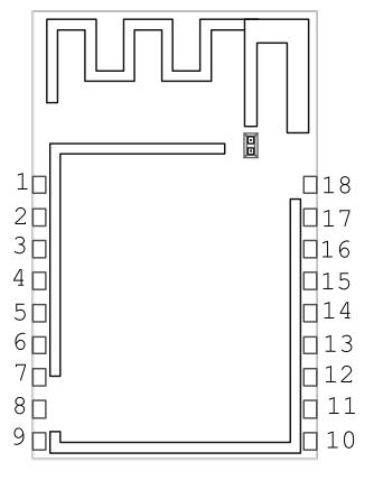 Diagram of an electronic module housing with antenna and 18 pins