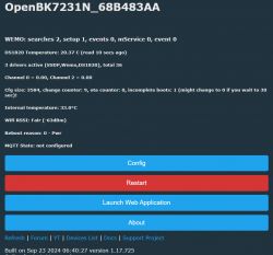 Screenshot of the OpenBK7231N user interface showing various device statistics.
