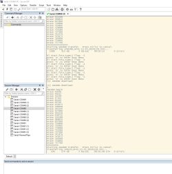 Screenshot of SecureCRT software displaying a binary file transfer over a serial port using the Xmodem protocol.
