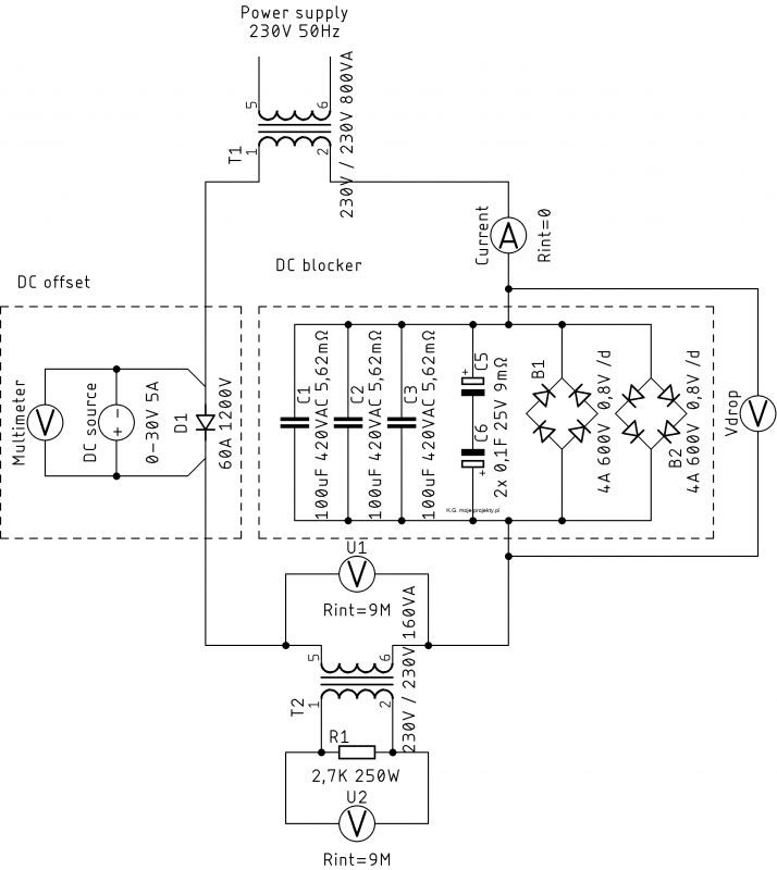 Schemat układu filtrującego składową stałą z układem pomiarowym