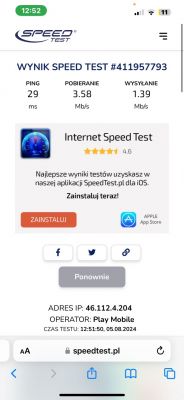 Wynik testu prędkości internetu z aplikacji SpeedTest.pl na smartfonie, pokazujący ping 29 ms, pobieranie 3.58 Mb/s i wysyłanie 1.39 Mb/s.