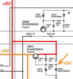 Fragment schematu elektronicznego z zaznaczonymi napięciami +9V i +5V.