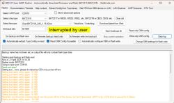 Screenshot of BK7231 Easy UART Flasher showing Interrupted by user and repeated failed bus connection attempts.