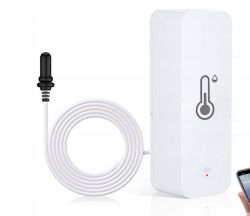 White WiFi thermometer with wired probe and thermometer icon on the casing