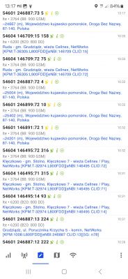 Zrzut ekranu z aplikacji pokazującej szczegóły połączeń mobilnych w różnych lokalizacjach z parametrami technicznymi.