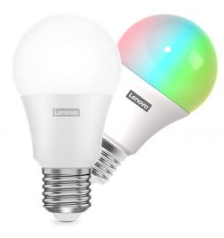 Two Lenovo SE-242DC RGBCT bulbs, one white, the other emitting rainbow colors.