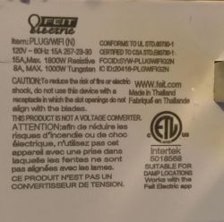 Feit Electric PLUG/WIFI (N) device label with technical information and warnings.