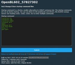OpenBL602 interface screen with startup command window.