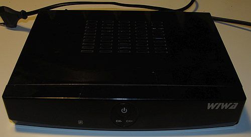 WIWA HD-102 Set-Top Box Black WIWA HD-102 set-top box with power button and channel buttons on the front panel.