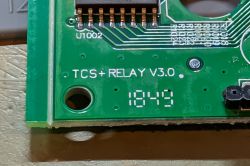 TCS+RELAY V3.0 circuit board segment with 1849 marking Close-up of PCB labeled TCS+RELAY V3.0 with number 1849 printed