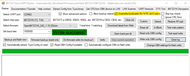 BK7231 Easy UART Flasher window with “Write success!” message